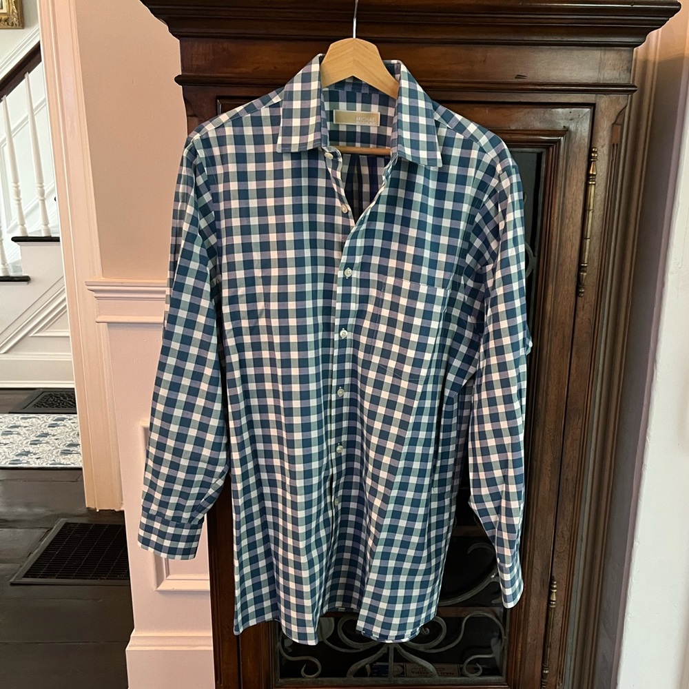 MICHAEL Michael Kors Men’s Blue Check Shirt 15 1/2 32/33 EUC